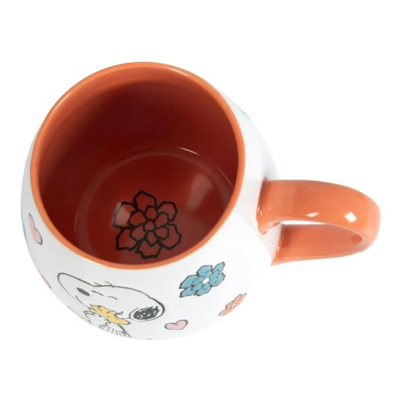 Peanuts Snoopy Holding Woodstock 20 oz Ceramic Coffee Mug Floral Hearts Orange - Picture 7 of 7